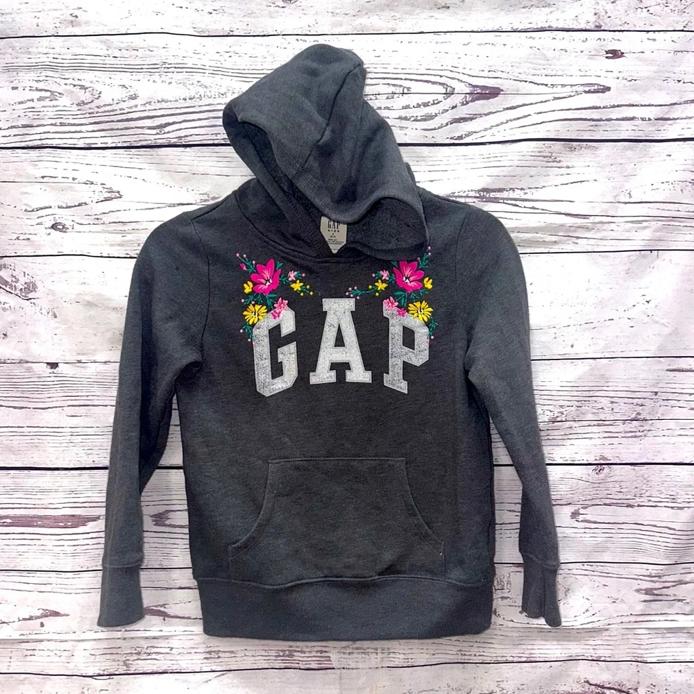 Gap Grey Floral Hooded Sweatshirt Size Small 6-7
